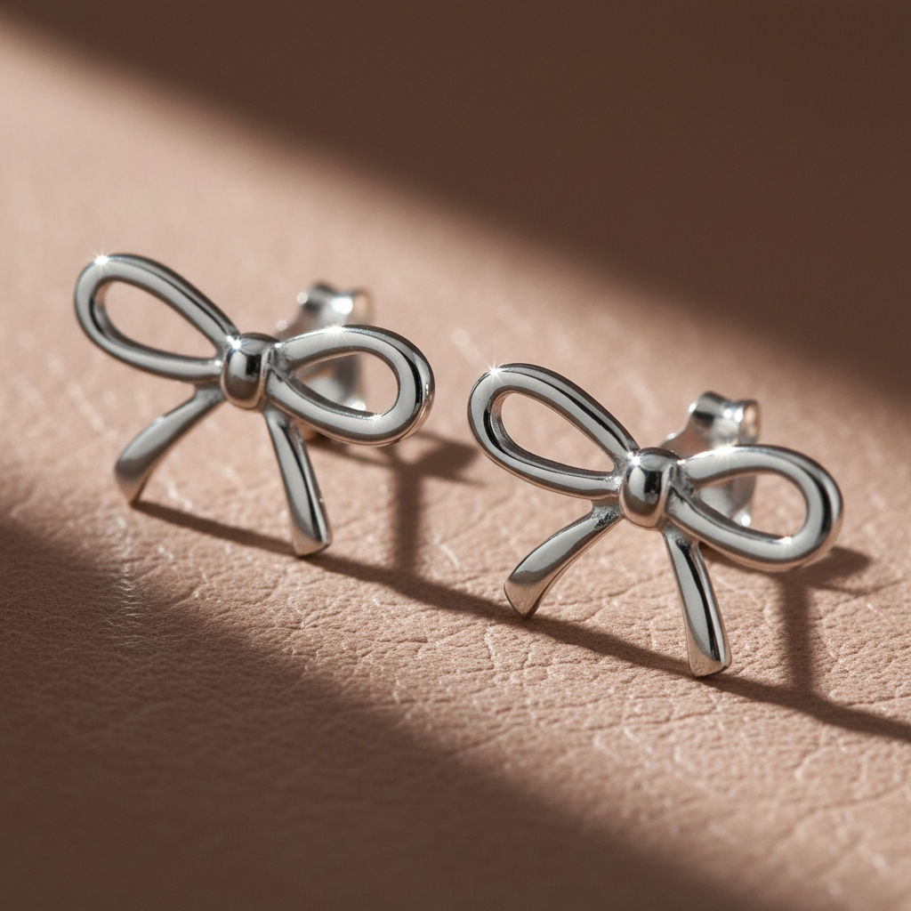 Sterling Silver Girls Medium Bow Ribbon Stud Earrings | SilverCloseOut