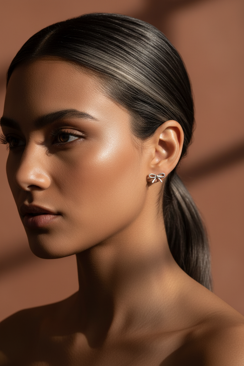 Sterling Silver Girls Medium Bow Ribbon Stud Earrings | SilverCloseOut