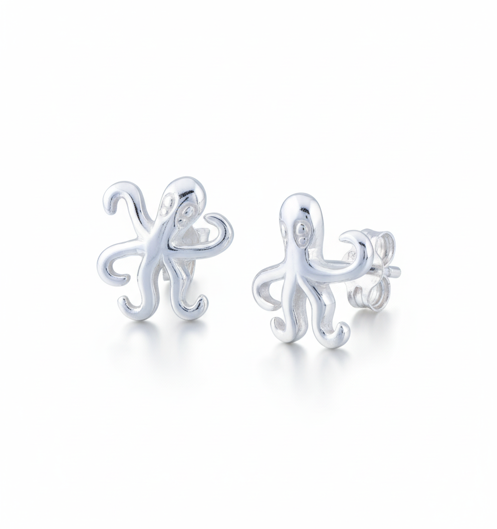 Sterling Silver Girls Dainty Nautical Octopus Stud Earrings | SilverCloseOut