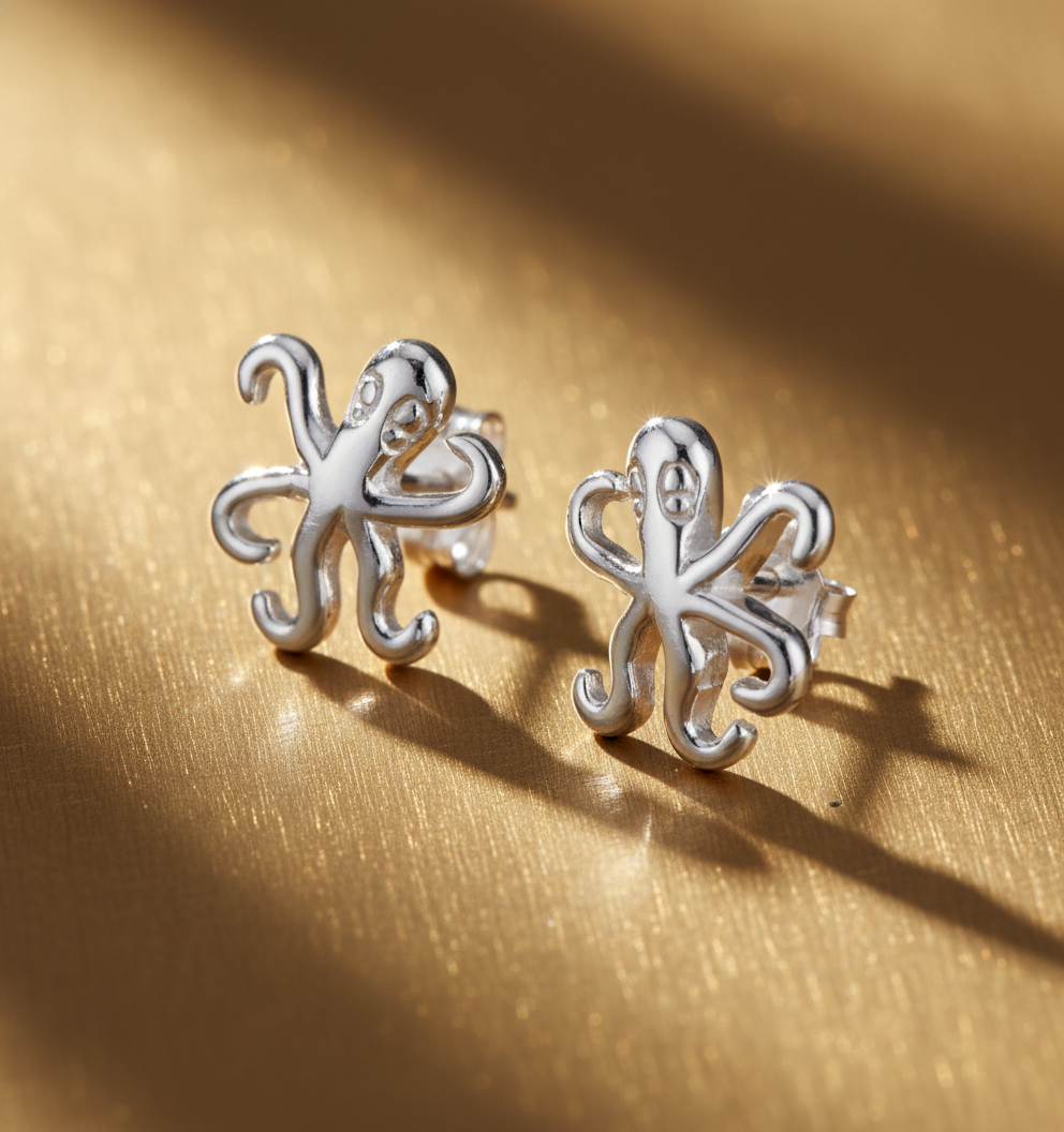 Sterling Silver Girls Dainty Nautical Octopus Stud Earrings | SilverCloseOut