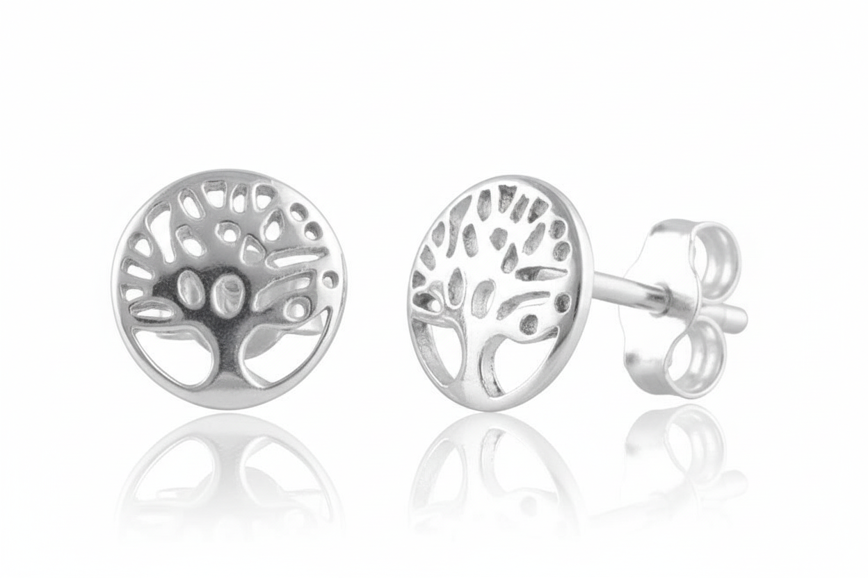 Sterling Silver Girls Small Round Celtic Tree of Life Stud Earrings, 8mm