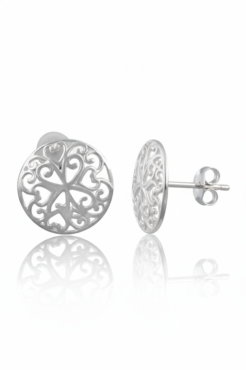 Sterling Silver Girls Big Boho Filigree Heart Stud Earrings, 14mm