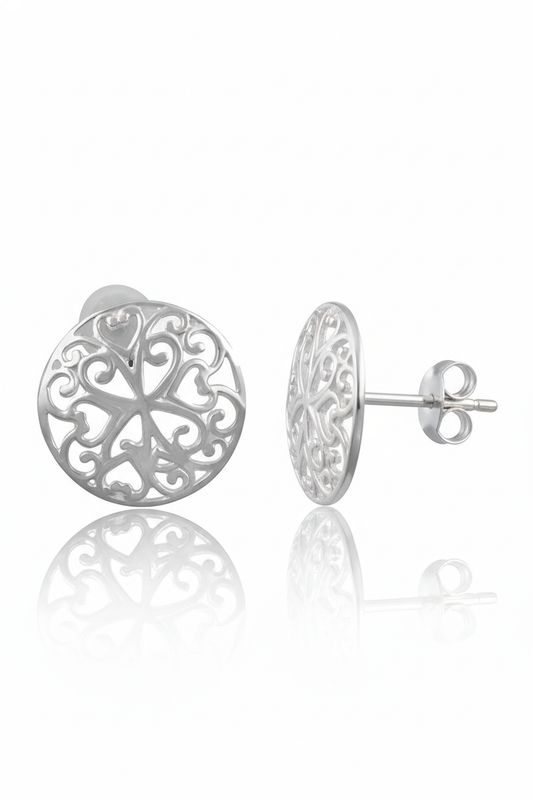 Sterling Silver Girls Big Boho Filigree Heart Stud Earrings, 14mm