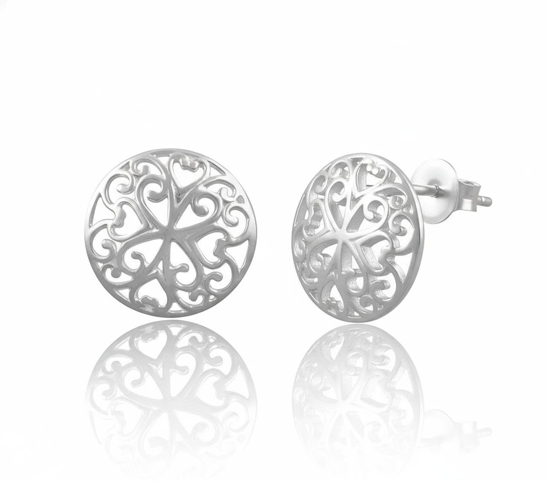 Sterling Silver Girls Big Boho Filigree Heart Stud Earrings, 14mm