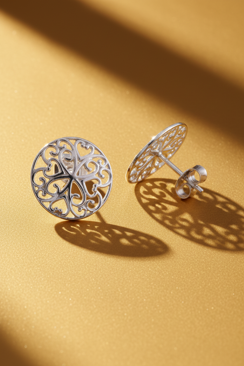 Sterling Silver Girls Big Boho Filigree Heart Stud Earrings, 14mm