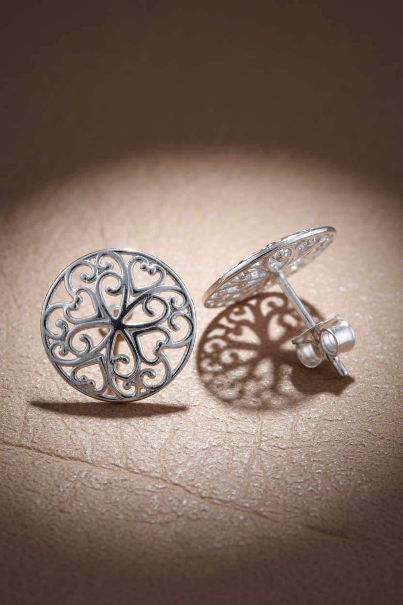 Sterling Silver Girls Big Boho Filigree Heart Stud Earrings, 14mm