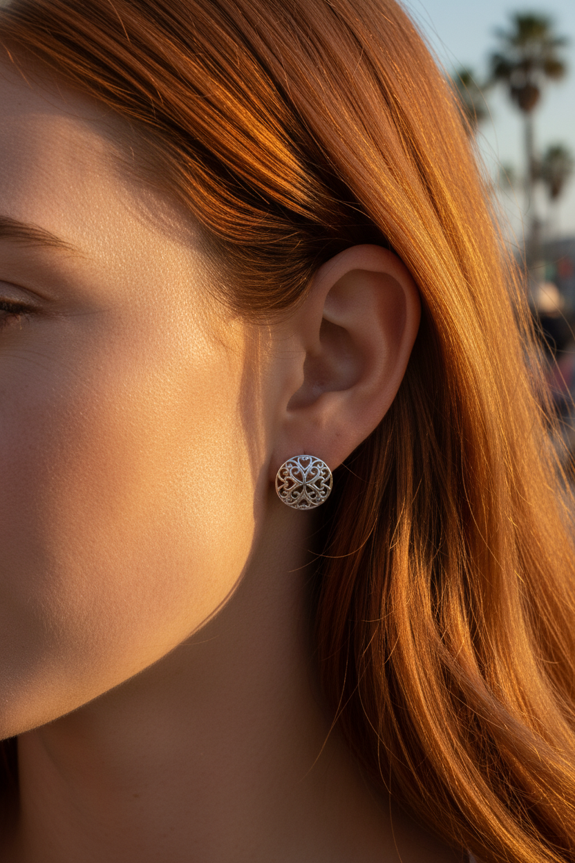 Sterling Silver Girls Big Boho Filigree Heart Stud Earrings, 14mm