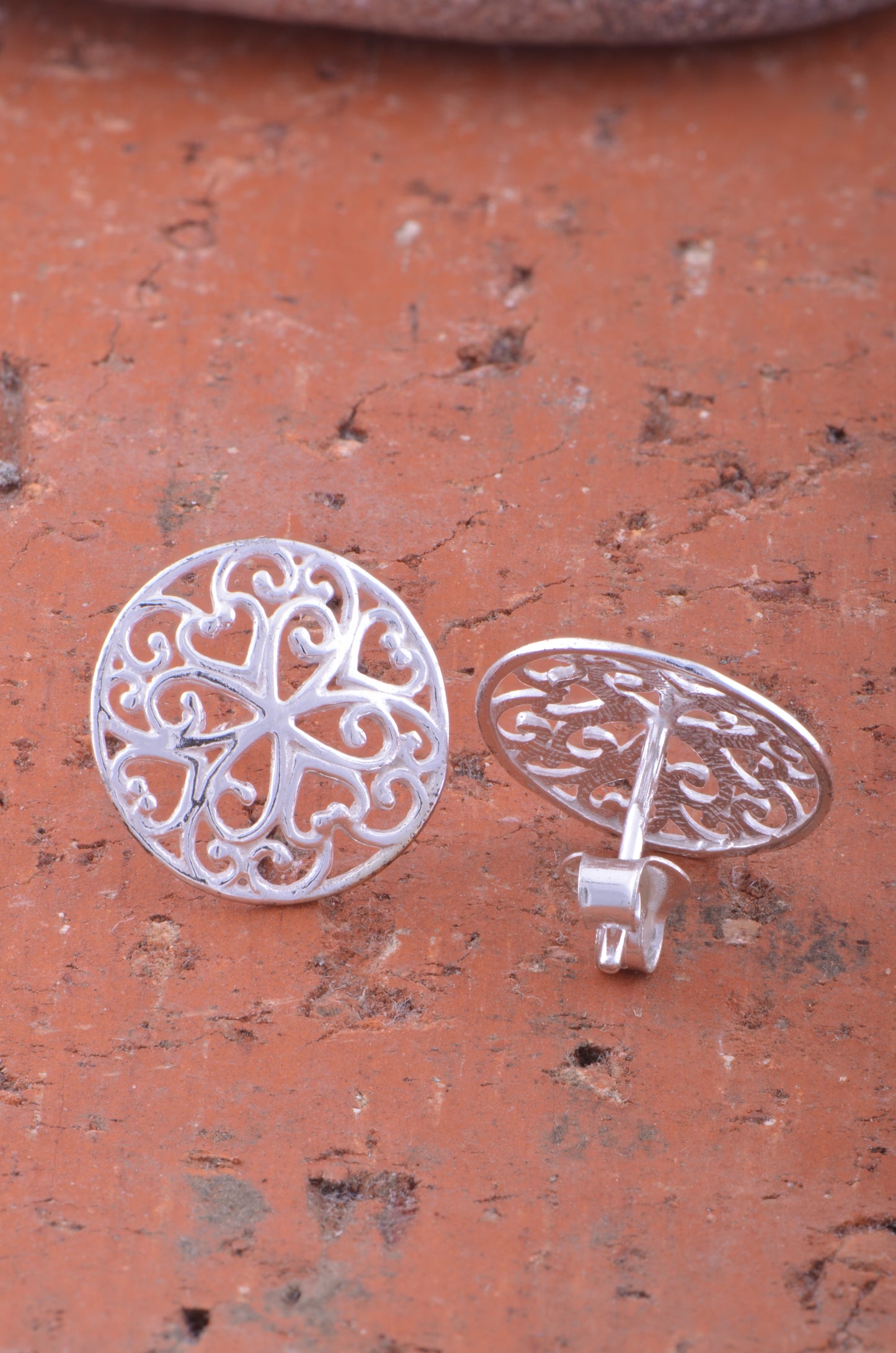 Sterling Silver Girls Big Boho Filigree Heart Stud Earrings - 14mm