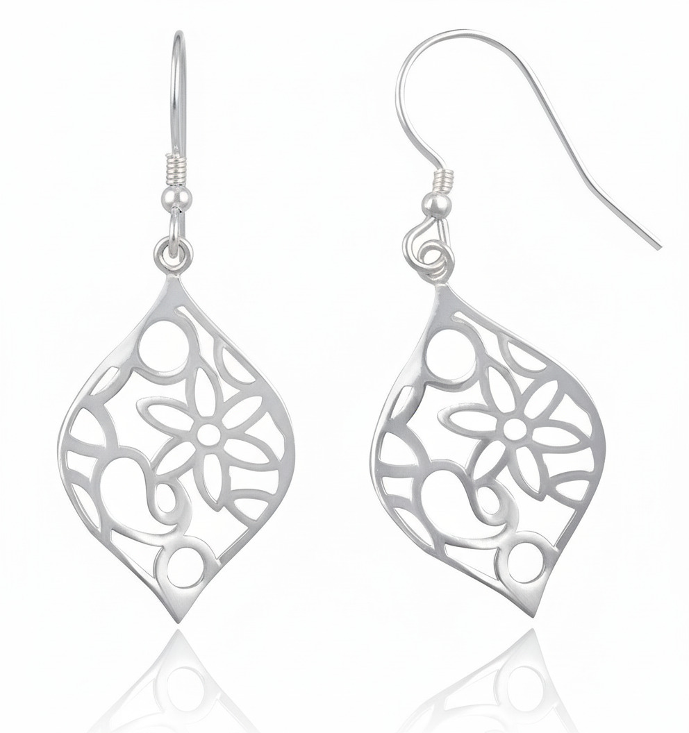 Sterling Silver Girls Retro Hipster Filigree Flower Dangle Earrings, 22mm