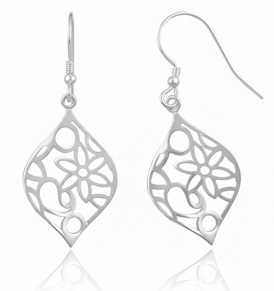 Sterling Silver Girls Retro Hipster Filigree Flower Dangle Earrings, 22mm
