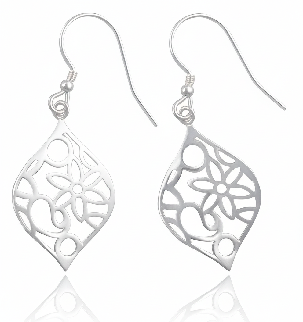 Sterling Silver Girls Retro Hipster Filigree Flower Dangle Earrings, 22mm