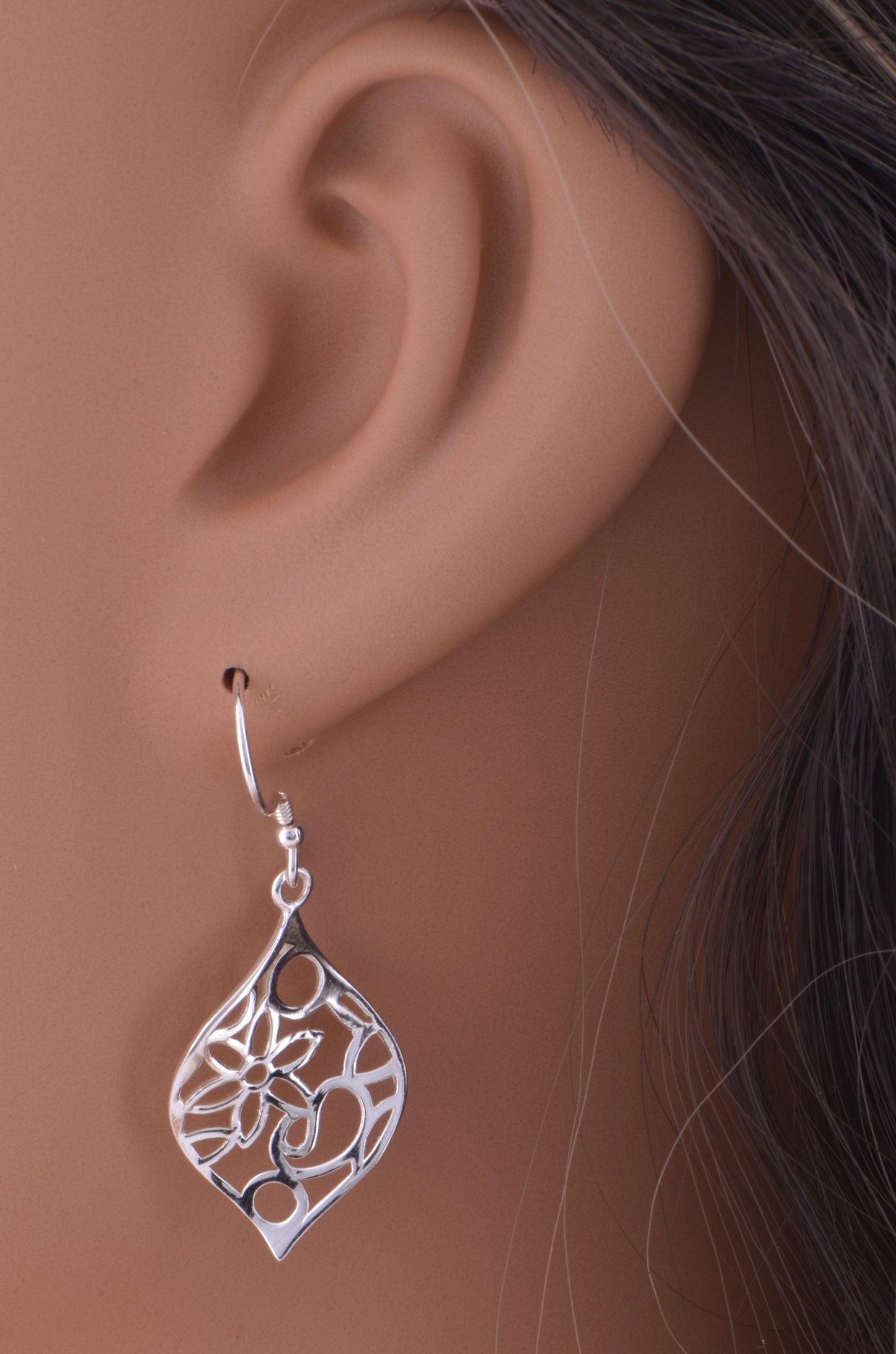 Sterling Silver Girls Retro Hipster Filigree Flower Dangle Earrings - 22mm