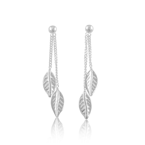 Sterling Silver Womens Dangle Chain Leaf Push Back Drop Earrings