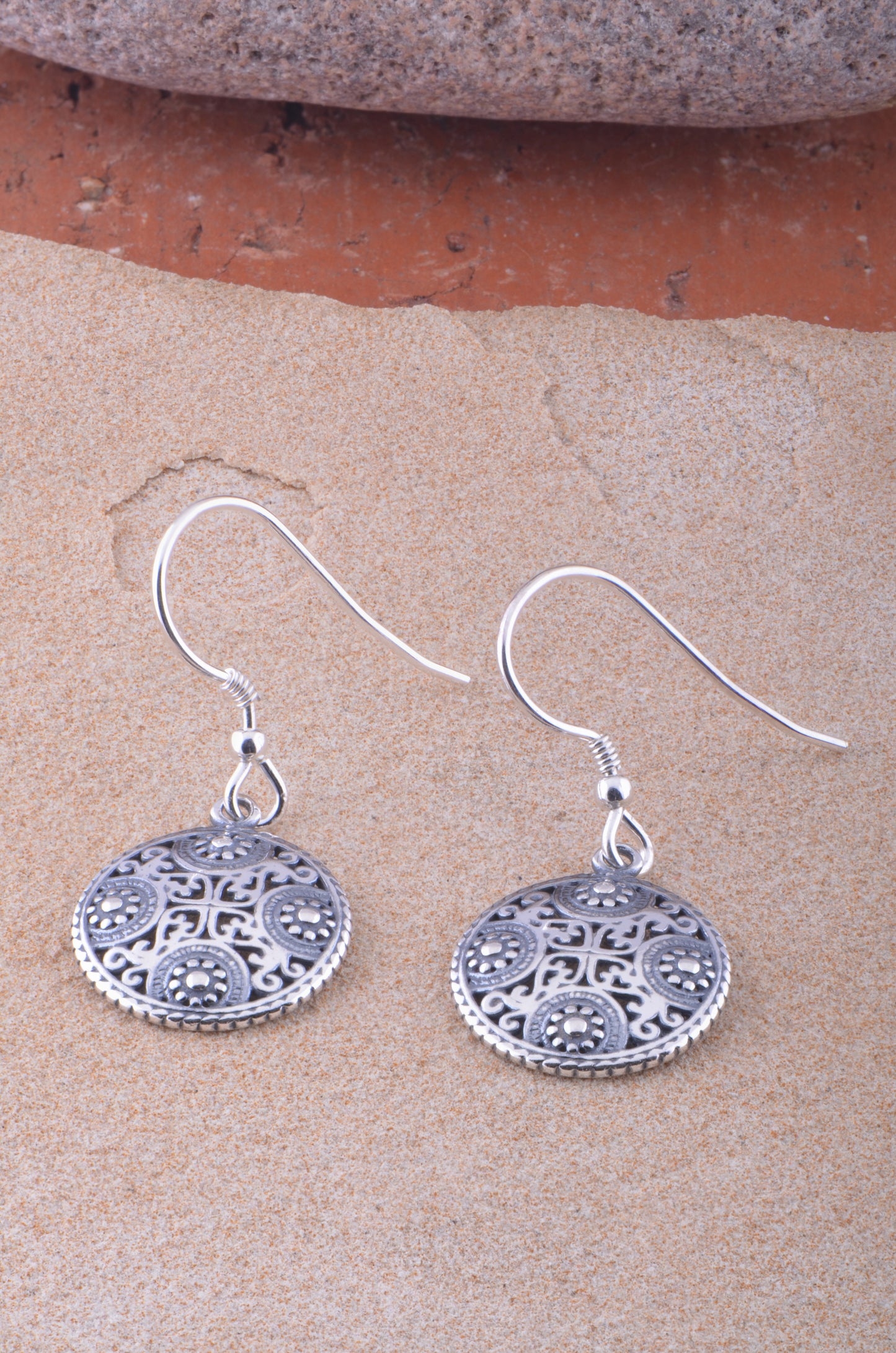 Sterling Silver Girls Big Round Oxidized BoHo Filigree Drop Earrings