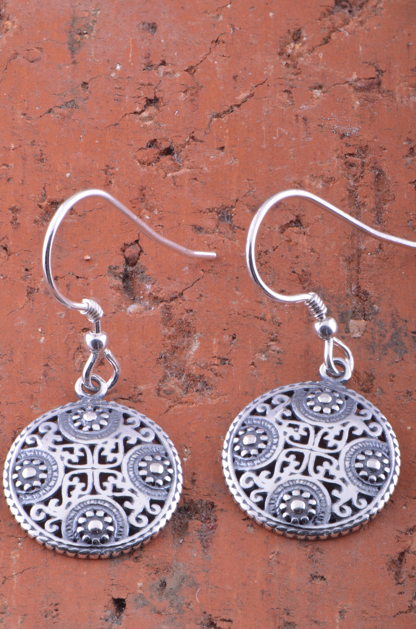 Sterling Silver Girls Big Round Oxidized BoHo Filigree Drop Earrings