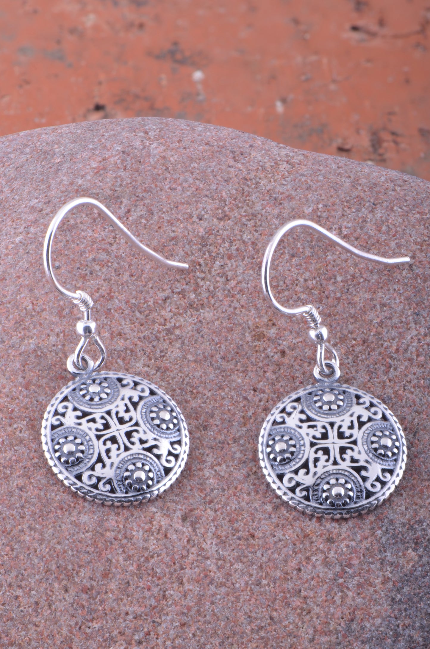 Sterling Silver Girls Big Round Oxidized BoHo Filigree Drop Earrings