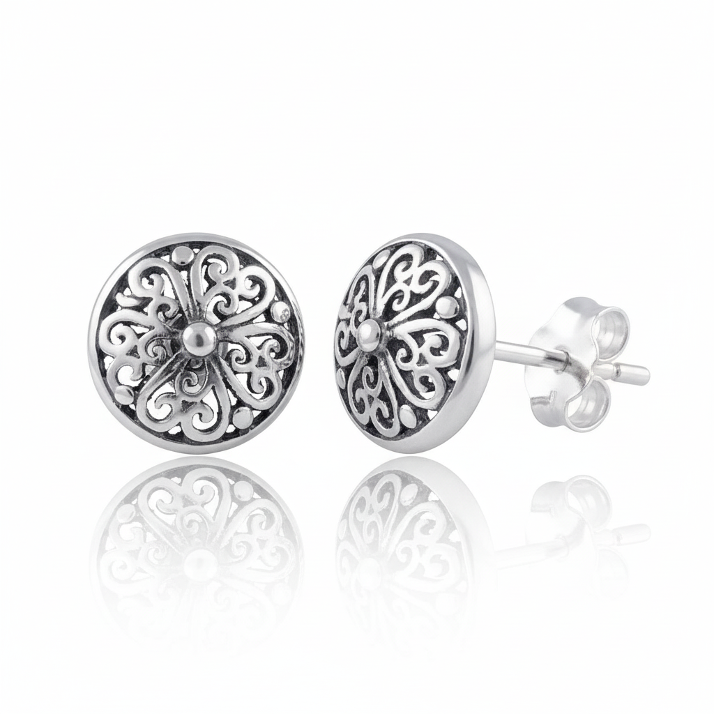 Sterling Silver Girls Round Bali Style Clover Stud Earrings | SilverCloseOut