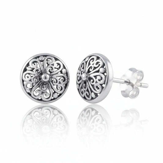 Sterling Silver Girls Round Bali Style Clover Stud Earrings | SilverCloseOut
