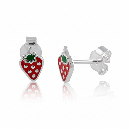 Sterling Silver GIrls Dainty Red Strawberry Fruit Stud Earrings | SilverCloseOut