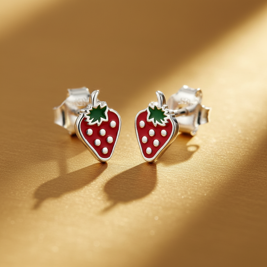 Sterling Silver GIrls Dainty Red Strawberry Fruit Stud Earrings | SilverCloseOut