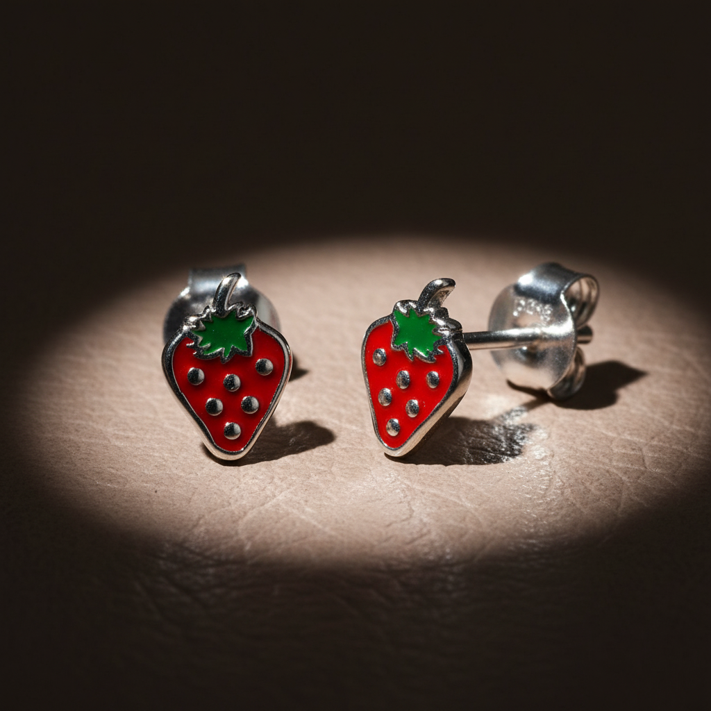 Sterling Silver GIrls Dainty Red Strawberry Fruit Stud Earrings | SilverCloseOut