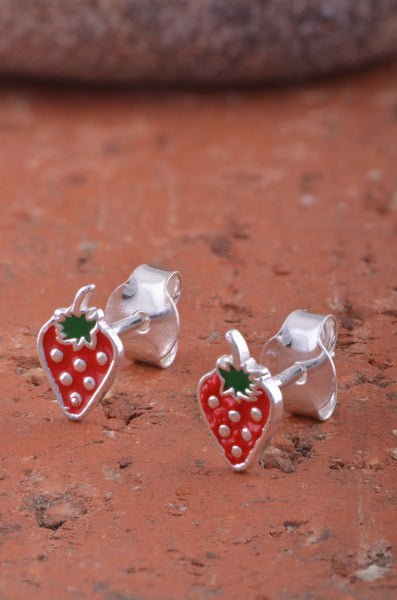 Sterling Silver GIrls Dainty Red Strawberry Fruit Stud Earrings