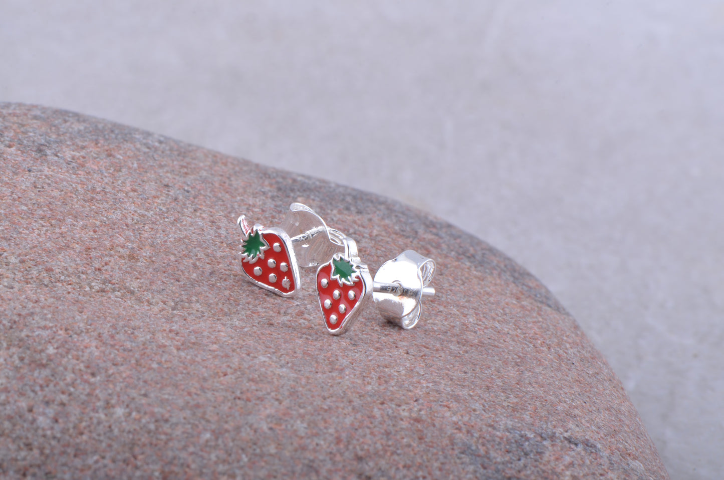 Sterling Silver GIrls Dainty Red Strawberry Fruit Stud Earrings