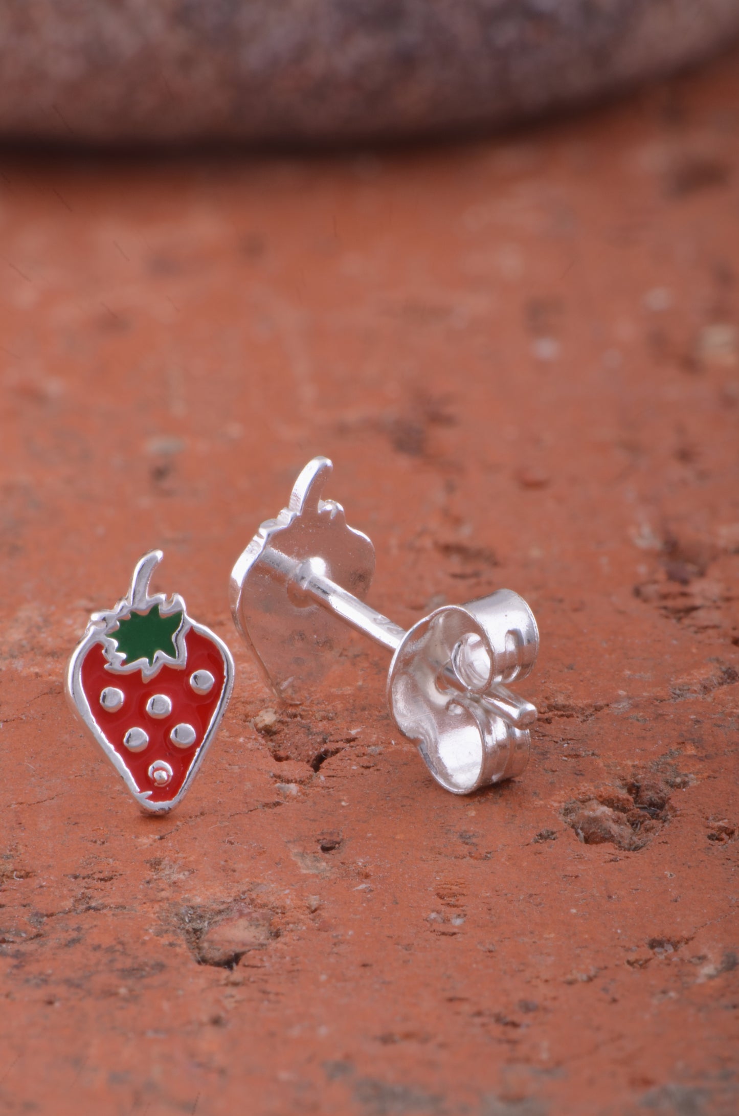 Sterling Silver GIrls Dainty Red Strawberry Fruit Stud Earrings