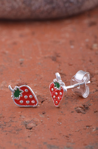 Sterling Silver GIrls Dainty Red Strawberry Fruit Stud Earrings