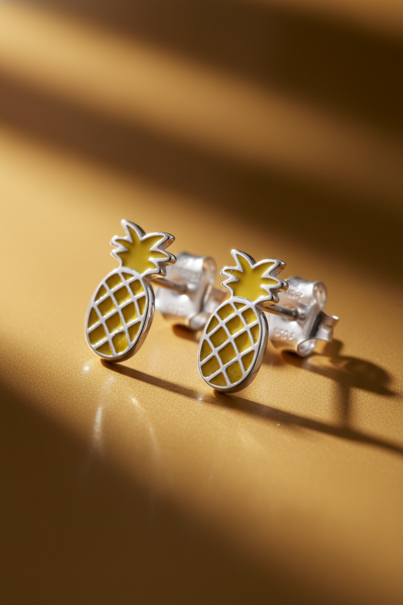 Sterling Silver GIrls Dainty Yellow Pineapple Fruit Stud Earrings