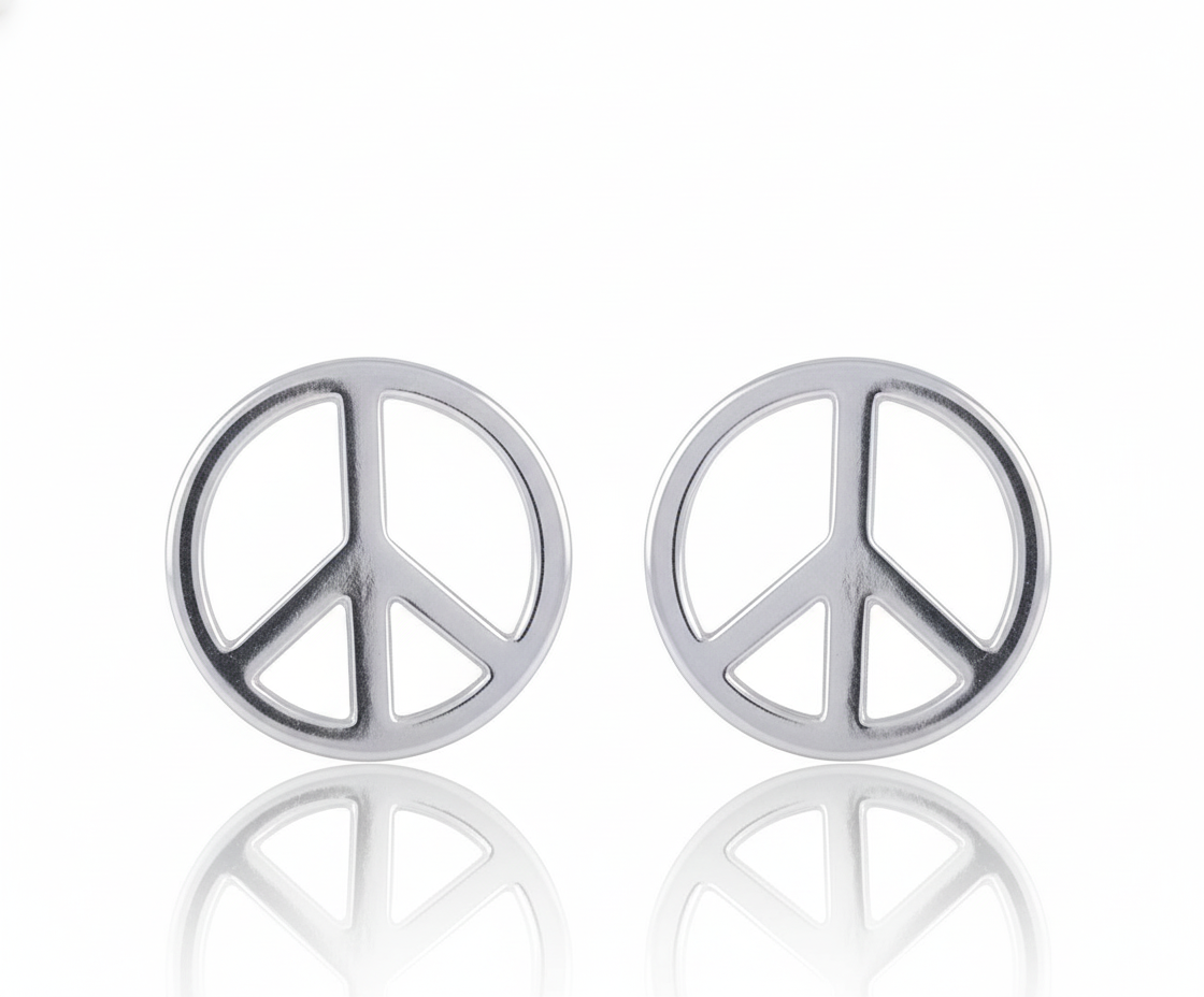 Sterling Silver Girls Large Peace Sign Push Back Stud Earrings, 10mm