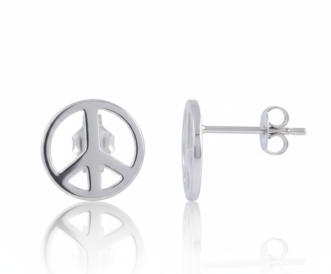 Sterling Silver Girls Large Peace Sign Push Back Stud Earrings, 10mm