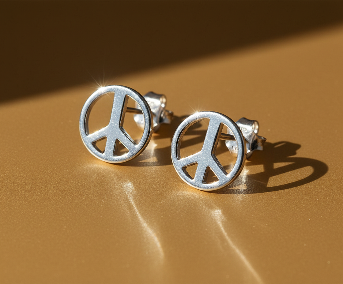 Sterling Silver Girls Large Peace Sign Push Back Stud Earrings, 10mm