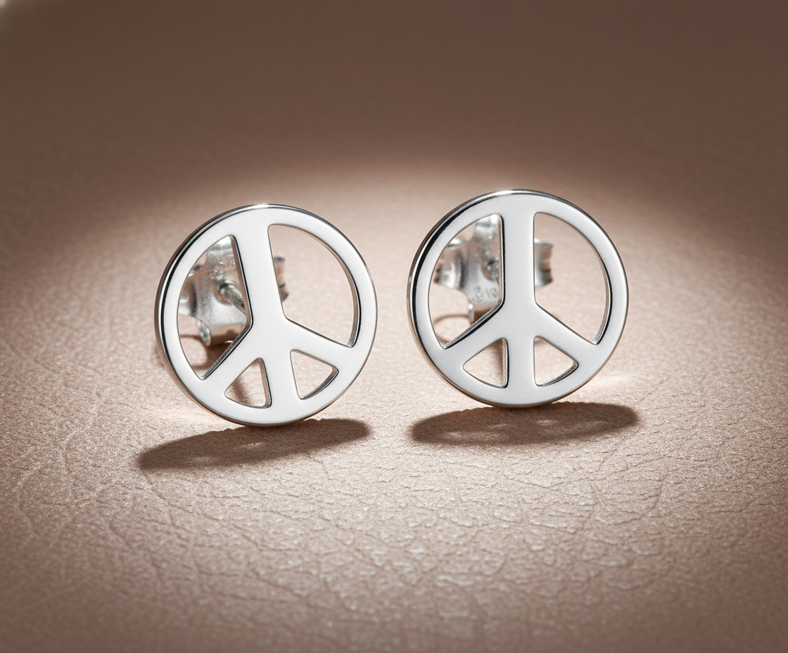 Sterling Silver Girls Large Peace Sign Push Back Stud Earrings, 10mm