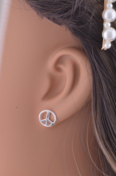 Sterling Silver Girls Large Peace Sign Push Back Stud Earrings - 10mm