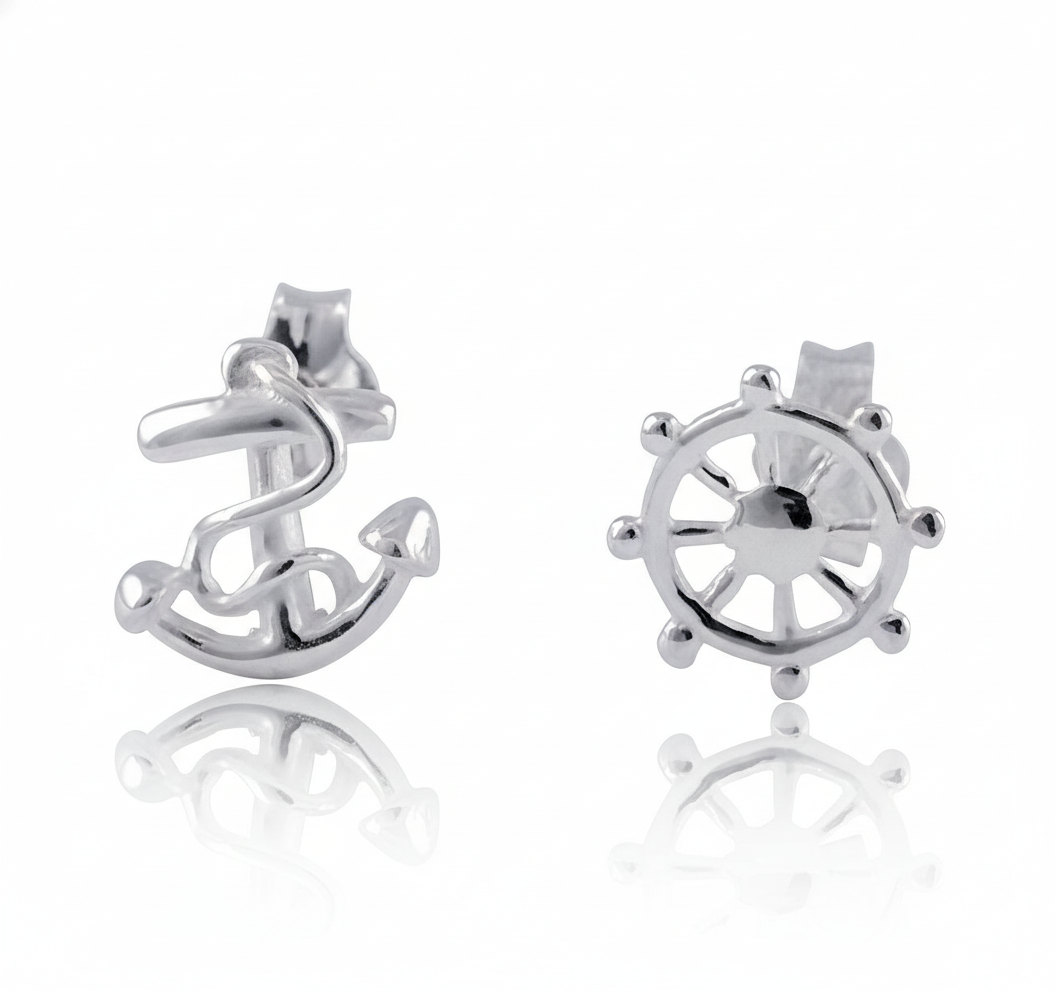 Sterling Silver Girls Mismatch Anchor & Wheel Stud Earrings | SilverCloseOut