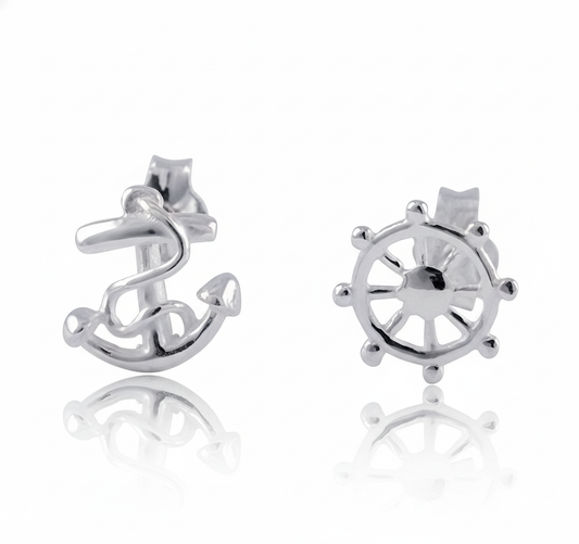 Sterling Silver Girls Mismatch Anchor & Wheel Stud Earrings | SilverCloseOut