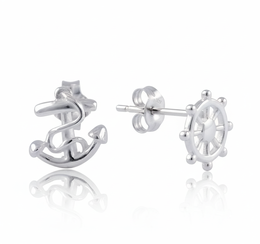 Sterling Silver Girls Mismatch Anchor & Wheel Stud Earrings | SilverCloseOut
