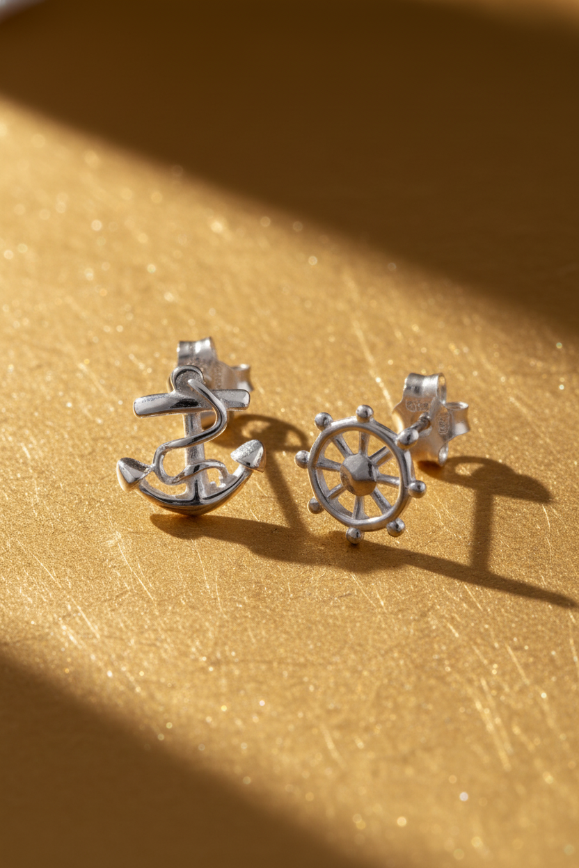 Sterling Silver Girls Mismatch Anchor & Wheel Stud Earrings | SilverCloseOut