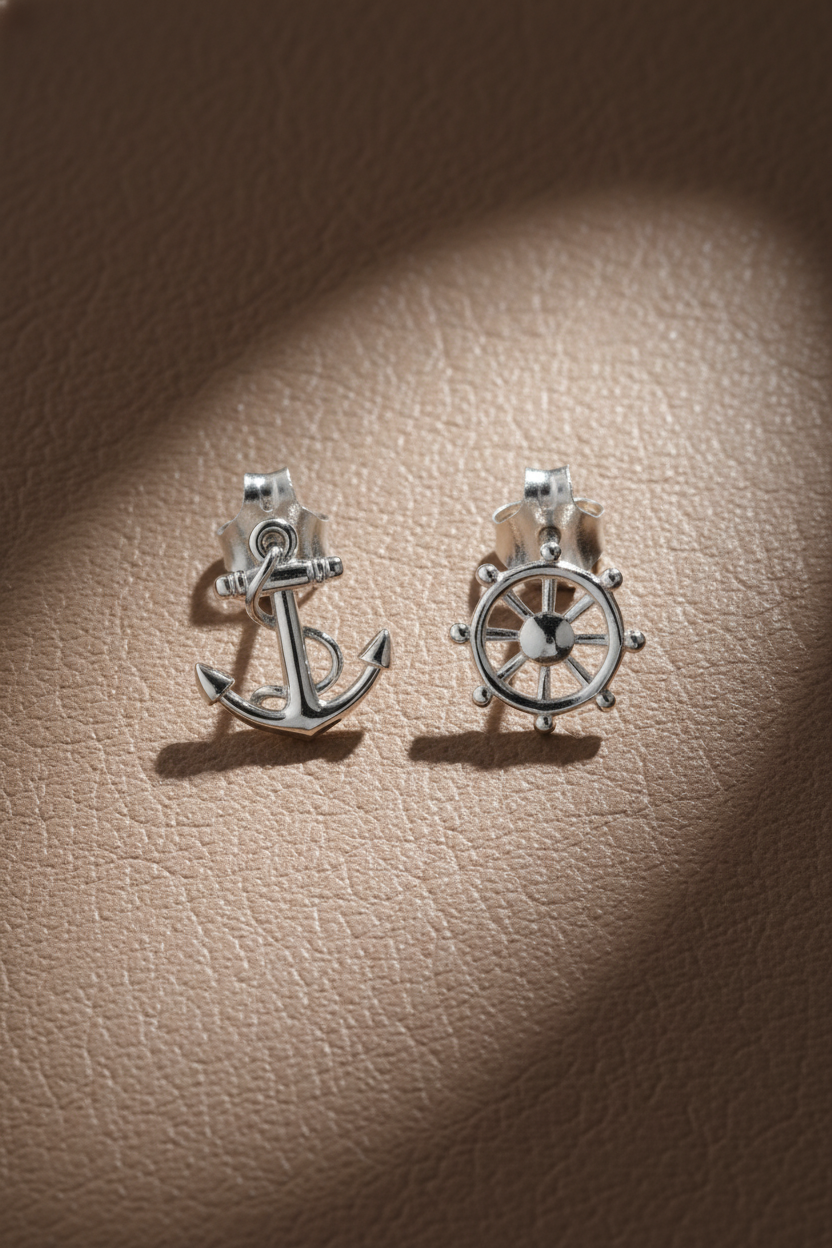 Sterling Silver Girls Mismatch Anchor & Wheel Stud Earrings | SilverCloseOut