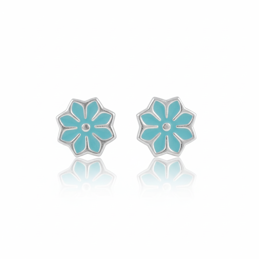 Sterling Silver Ladies Small Blue Hindu Lotus Flower Stud Earrings