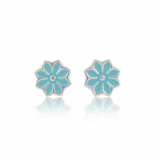 Sterling Silver Ladies Small Blue Hindu Lotus Flower Stud Earrings