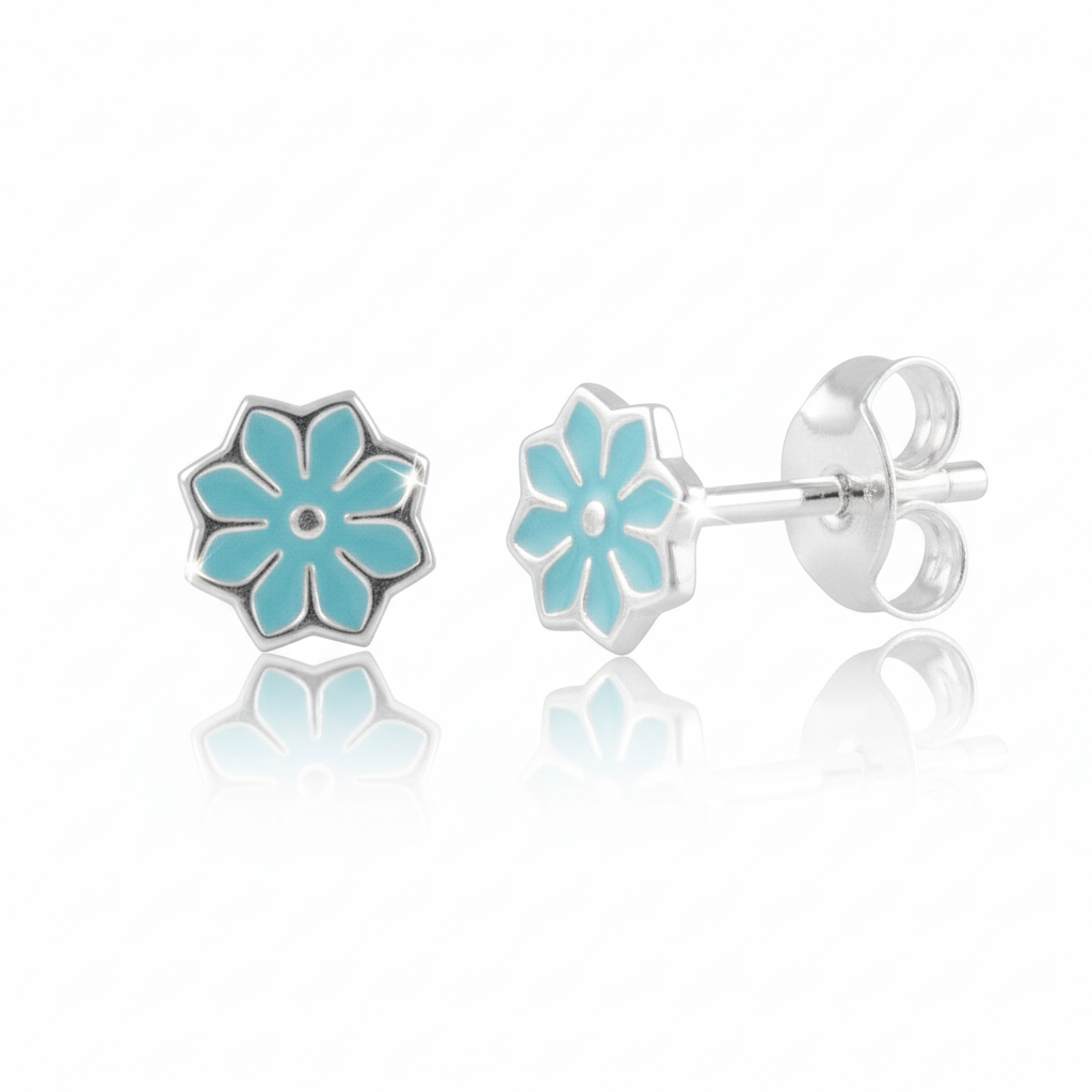 Sterling Silver Ladies Small Blue Hindu Lotus Flower Stud Earrings
