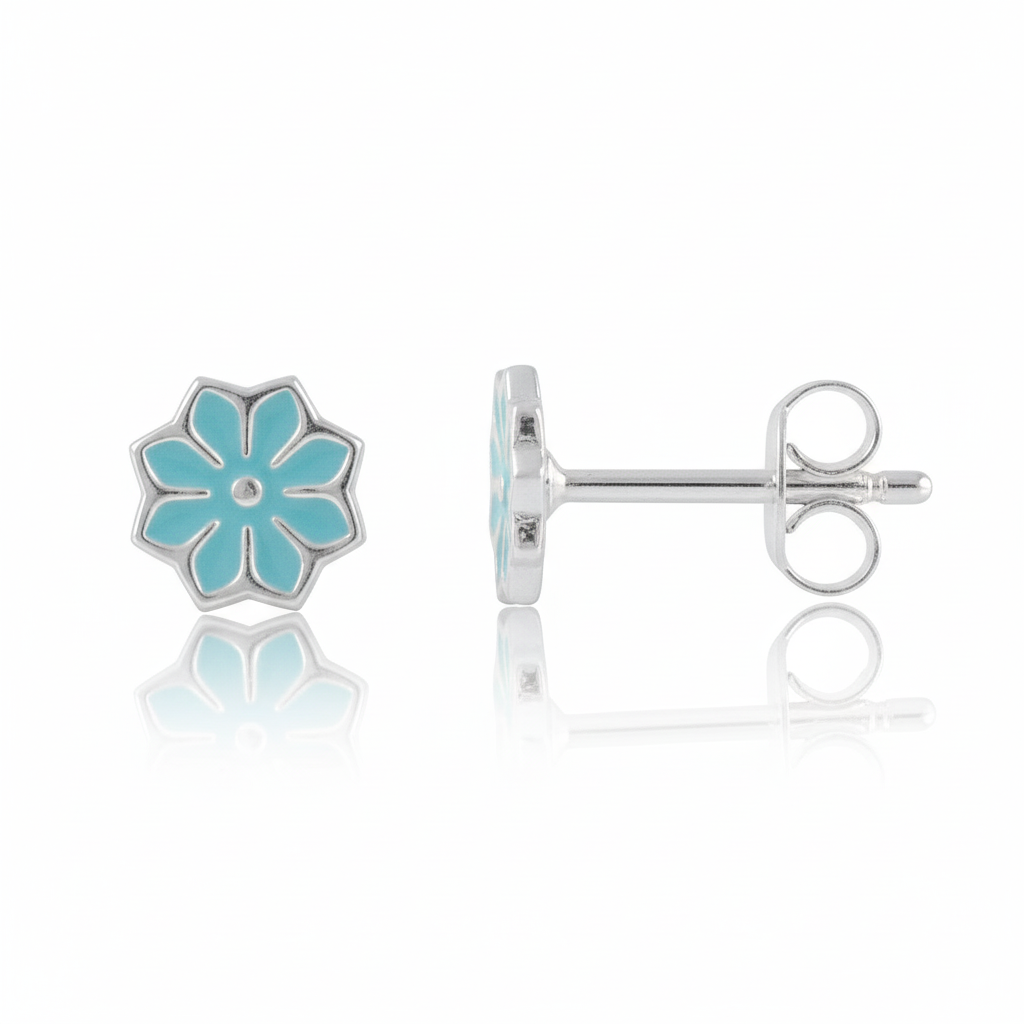 Sterling Silver Ladies Small Blue Hindu Lotus Flower Stud Earrings