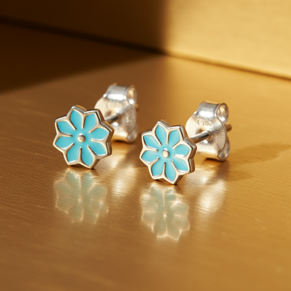 Sterling Silver Ladies Small Blue Hindu Lotus Flower Stud Earrings