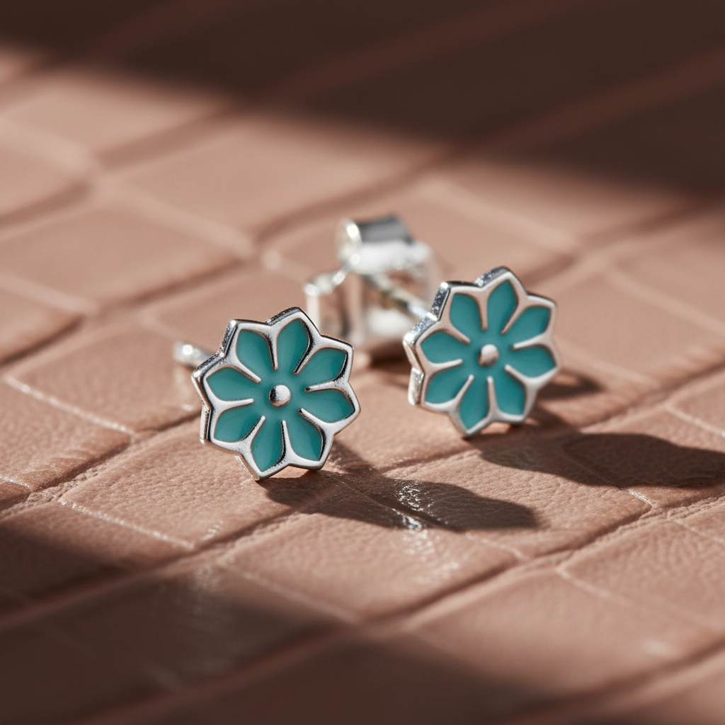 Sterling Silver Ladies Small Blue Hindu Lotus Flower Stud Earrings
