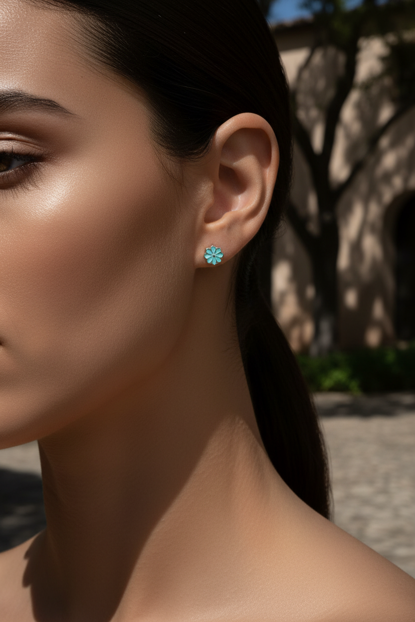Sterling Silver Ladies Small Blue Hindu Lotus Flower Stud Earrings