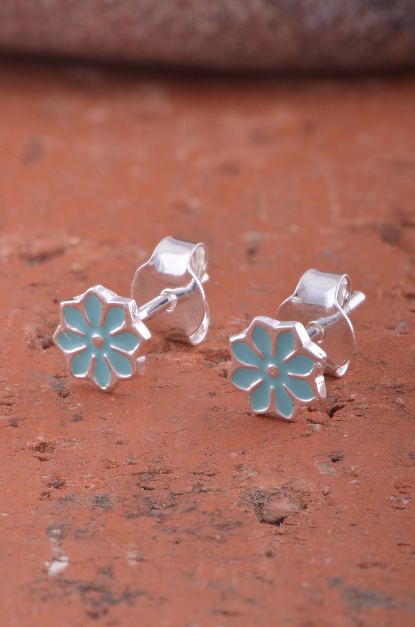 Sterling Silver Ladies Small Blue Hindu Lotus Flower Stud Earrings