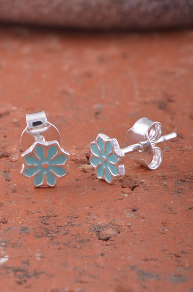 Sterling Silver Ladies Small Blue Hindu Lotus Flower Stud Earrings