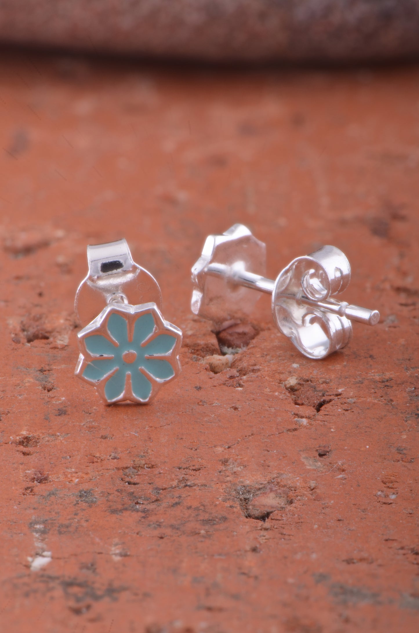 Sterling Silver Ladies Small Blue Hindu Lotus Flower Stud Earrings